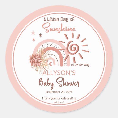 Boho A Little Ray of Sunshine Girl Baby Shower  Classic Round Sticker