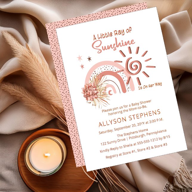 Boho A Little Ray of Sunshine Girl Baby Shower Foil Invitation (Boho "A Little Ray of Sunshine Is On Her Way" Girl Floral Rose Gold Foil Baby Shower Invitation)