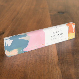 Boho Abstarct Moutain Landscape Pink Blue Orange Desk Name Plate