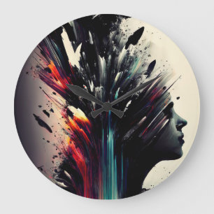 Boho abstract art with girl face large clock