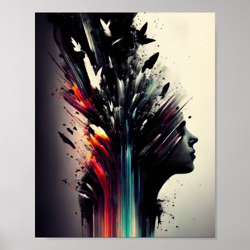 Boho abstract art with girl face poster