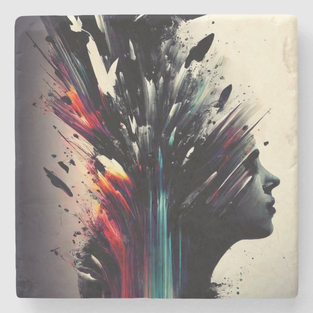 Boho abstract art with girl face stone coaster (Front)