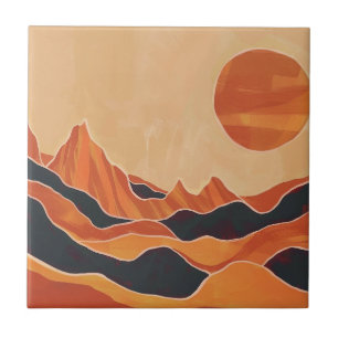 Boho Abstract Desert Landscape with Sun Minimalist Ceramic Tile