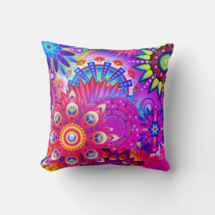 Boho abstract flower pink, blue, purple throw pillow