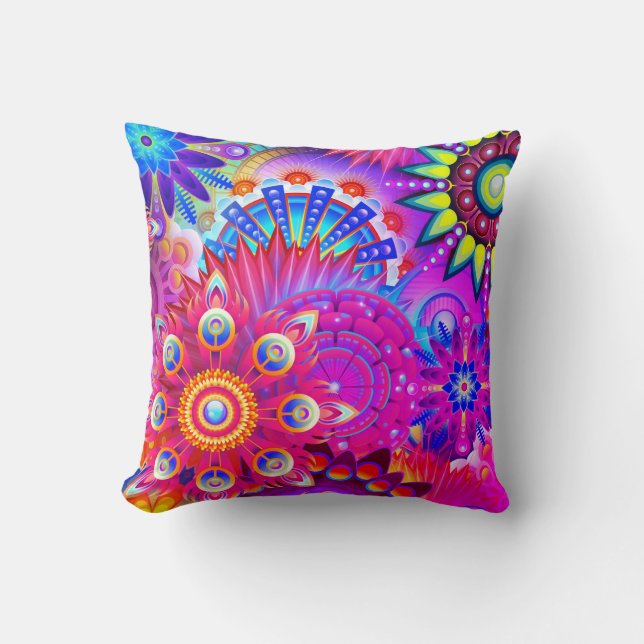 Boho abstract flower pink, blue, purple throw pillow (Front)
