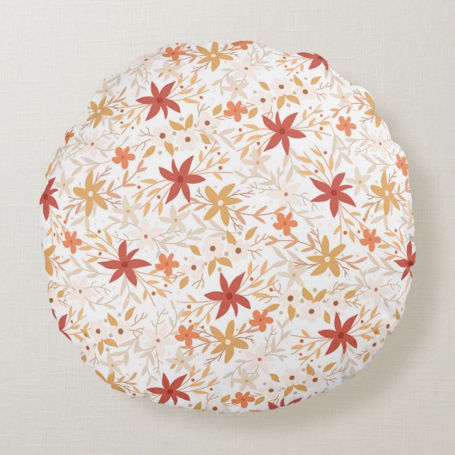 Boho abstract flowers harvest gold rust bone round pillow (Front)