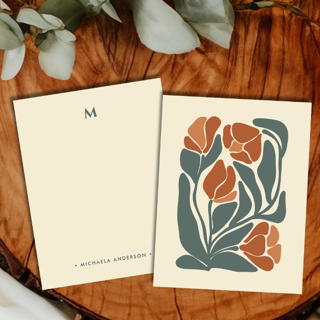 Boho Abstract Flowers Monogram Name Stationery Note Card (Creator Uploaded)