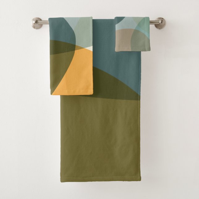 Boho Abstract Geometric Shapes Blue and Yellow Bath Towel Set (Insitu)