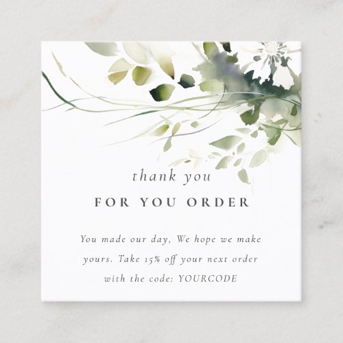 Boho Abstract Green Floral Thank You For Order Square Business Card
