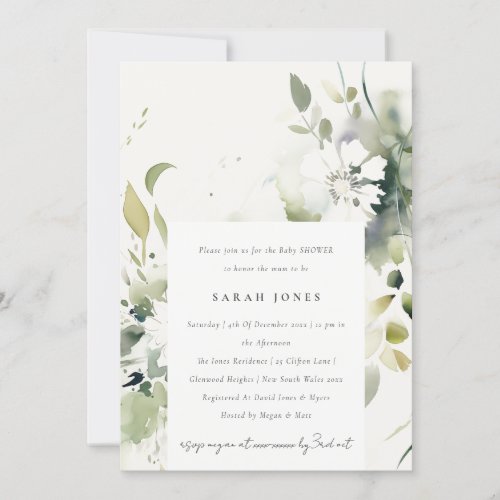Boho Abstract Green White Floral Baby Shower Invitation