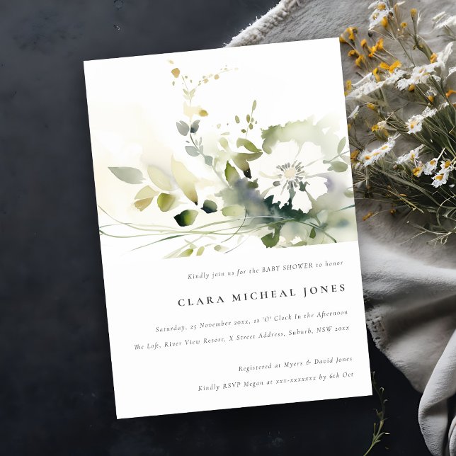 Boho Abstract Green White Floral Baby Shower Invitation (Creator Uploaded)