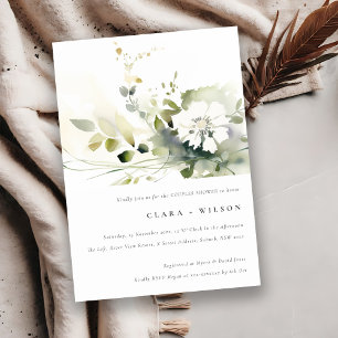 Boho Abstract Green White Floral Couples Shower Invitation
