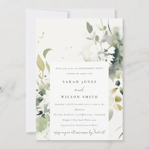 Boho Abstract Green White Floral Engagement  Invitation