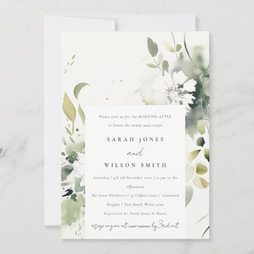 Boho Abstract Green White Floral Morning After Invitation