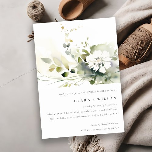 Boho Abstract Green White Floral Rehearsal Dinner Invitation