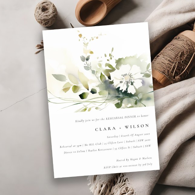 Boho Abstract Green White Floral Rehearsal Dinner Invitation (Creator Uploaded)
