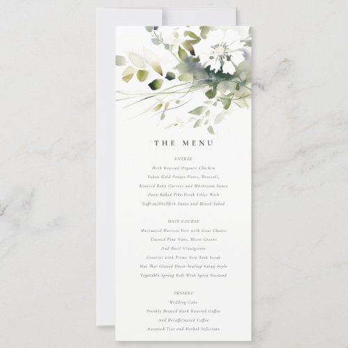 Boho Abstract Green White Floral Wedding Menu Card