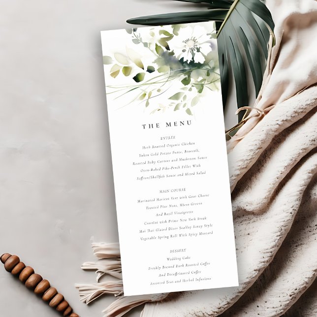 Boho Abstract Green White Floral Wedding Menu Card (Creator Uploaded)
