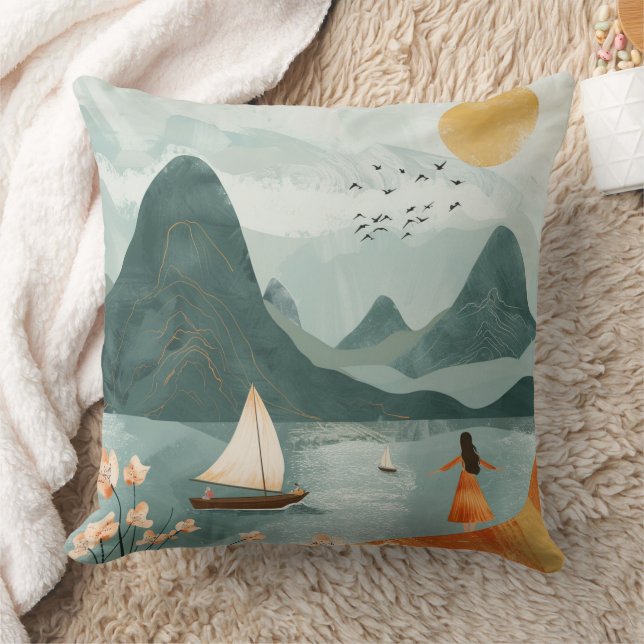 Boho Abstract Landscape (11) Throw Pillow (Blanket)