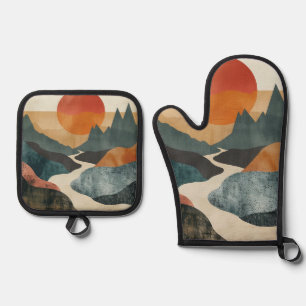 Boho Abstract Landscape (5) Oven Mitt & Pot Holder Set