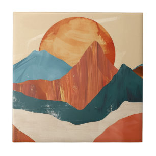 Boho Abstract Mountain Landscape with Sun Ceramic Tile