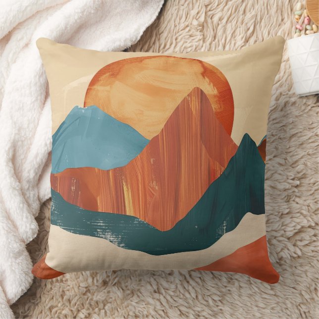 Boho Abstract Mountain Landscape with Sun Throw Pillow (Blanket)
