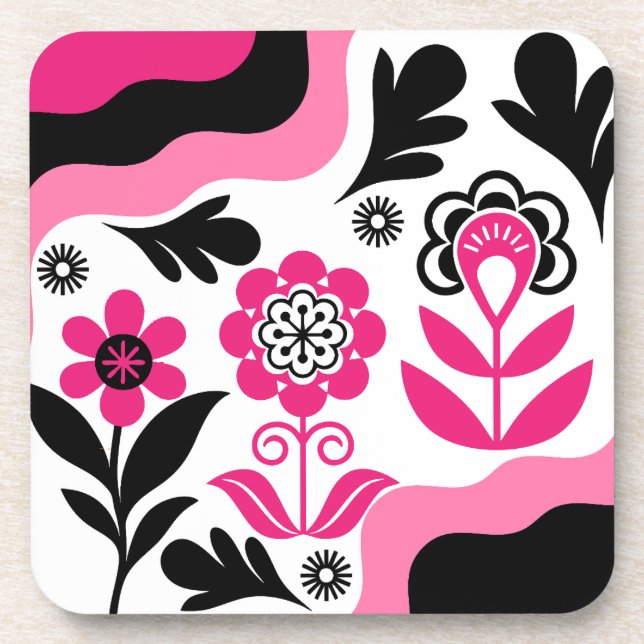 Boho Abstract Pink Flower Art Beverage Coaster (Front)