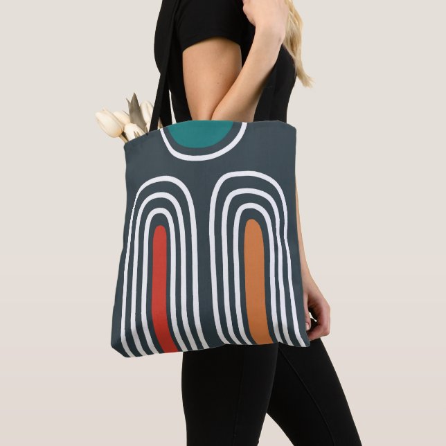 Boho abstract rainbow art in blue background tote bag (Close Up)