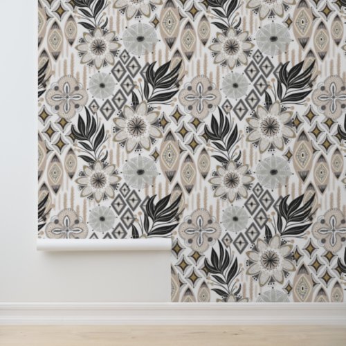 Boho Abstract Shapes Gray  White Wallpaper