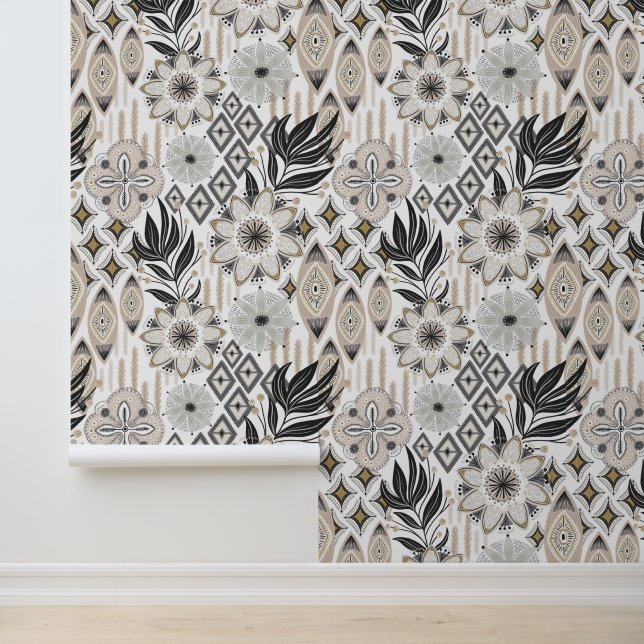 Boho Abstract Shapes Gray & White Wallpaper (Application)
