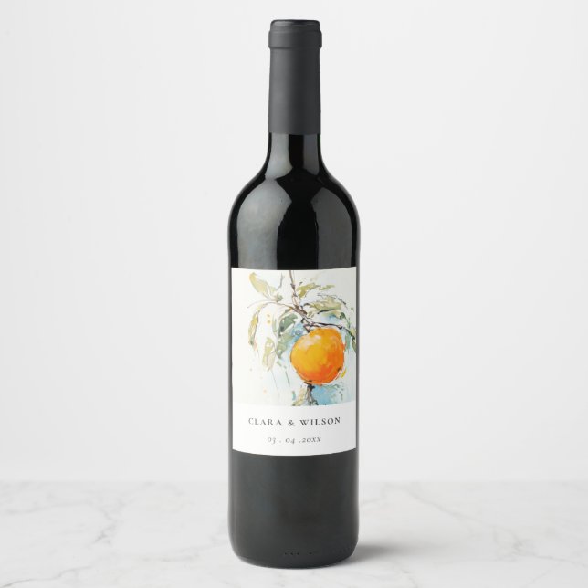 Boho Abstract Sketchy Orange Garden Wedding Wine Label (Front)