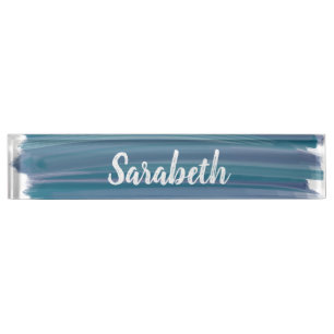 Boho Abstract Watercolor Brush Strokes Earthy Blue Desk Name Plate