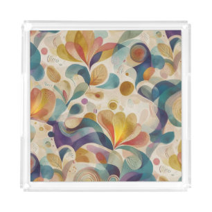 Boho Abstract Watercolor Floral Swirl Gold Teal Acrylic Tray