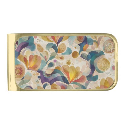 Boho Abstract Watercolor Floral Swirl Gold Teal  Finish Money Clip