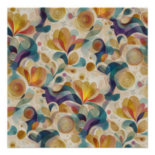 Boho Abstract Watercolor Floral Swirl Gold Teal  Poster