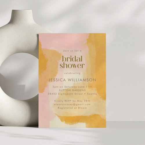 Boho Abstract Watercolor Pink Yellow Bridal Shower Invitation