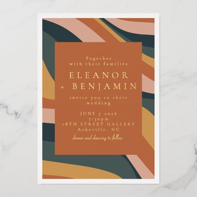 Boho Abstract Wavy Lines Terracotta Wedding Gold Foil Invitation (Front)