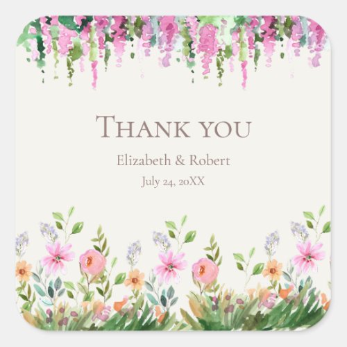 Boho Acacia and Wildflowers Wedding Thank You Square Sticker