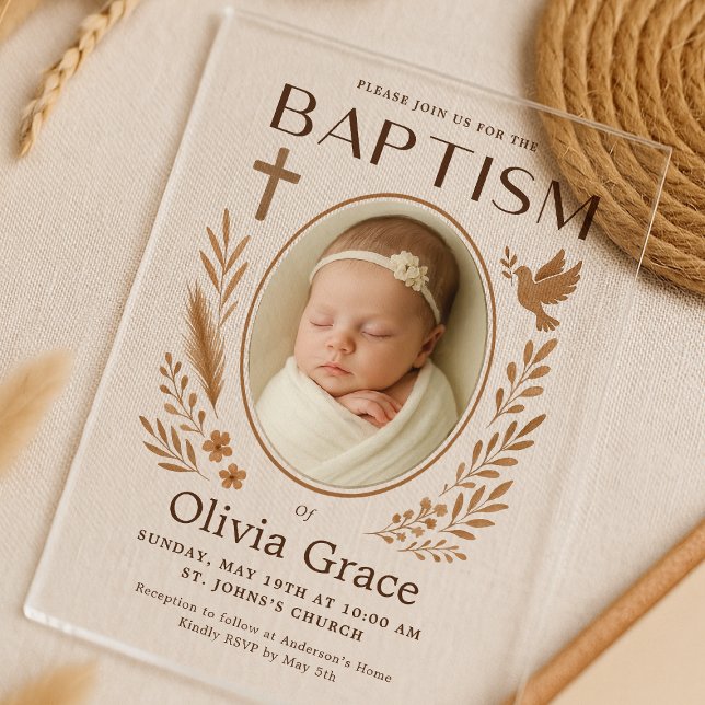 Boho Acrylic Baptism Invitation with Photo and Dov (acrylic-minimalistic-baptism-invitation-photo-cross-leaves.png)