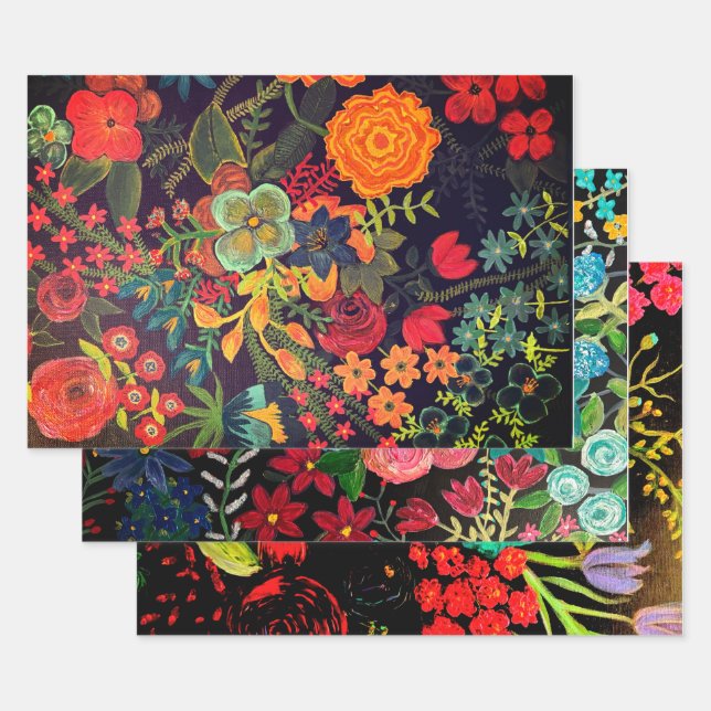 Boho Acrylic Painting Floral Design Wrapping Paper Sheets (Set)