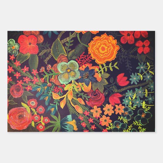Boho Acrylic Painting Floral Design Wrapping Paper Sheets (Front)