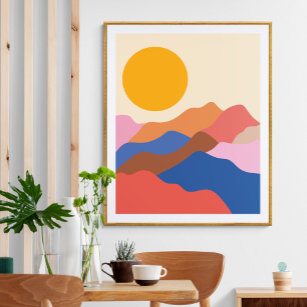 Boho Aesthetic Abstract Landscape Mountains Blue Poster