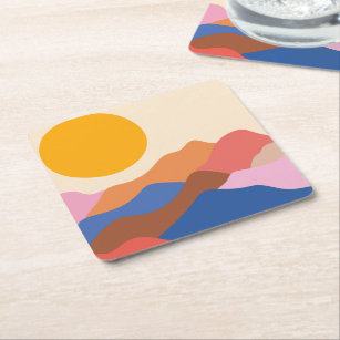 Boho Aesthetic Abstract Landscape Mountains Blue  Square Paper Coaster