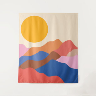 Boho Aesthetic Abstract Landscape Mountains Blue Tapestry