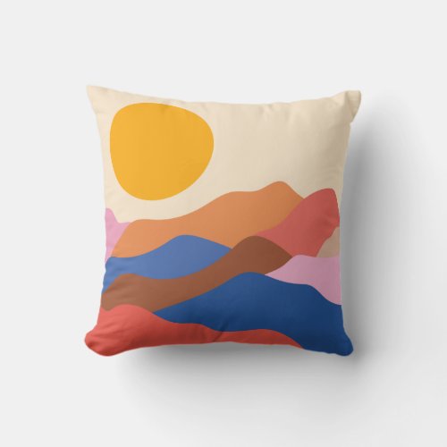 Boho Aesthetic Abstract Landscape Mountains Blue Throw Pillow