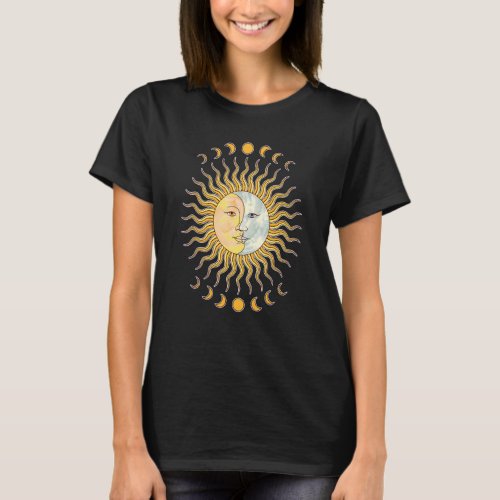 Boho Aesthetic Crescent Moon Sun Celestial Body As T_Shirt