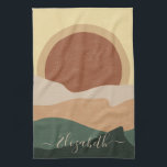 Boho Aesthetic Sunset Modern Art Personalized Kitchen Towel<br><div class="desc">Boho abstract modern art décor illustration. Aesthetic and simplicity with a rustic textured shapes and forms of mountains or the ocean waves and a sunset or sunrise. Minimal trendy style. Boho chic artwork design. Aesthetic background with sunset landscape. Neutral colors such as Earth tones, burnt orange, yellow, terracotta and greens...</div>