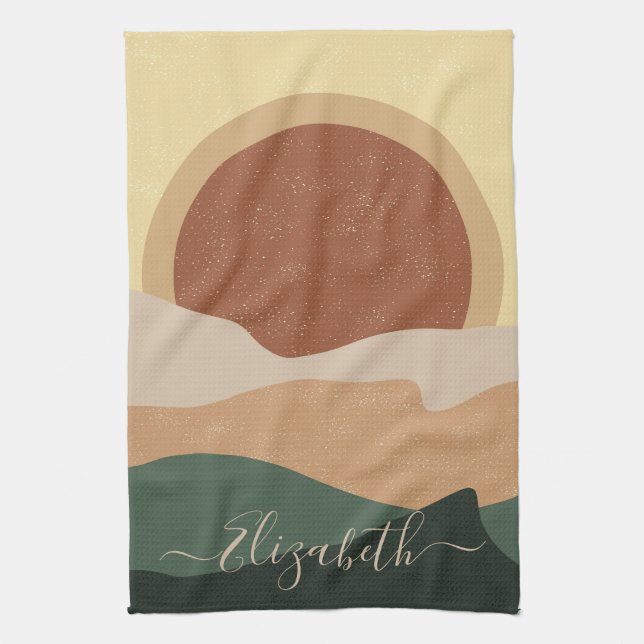 Boho Aesthetic Sunset Modern Art Personalized Kitchen Towel (Vertical)