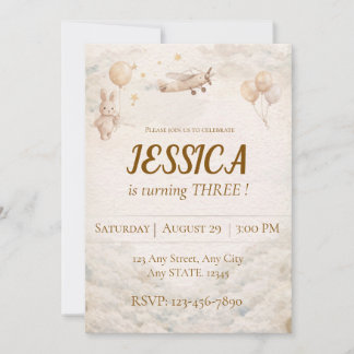 Boho Airplane Bunny Birthday Invitation Any Age