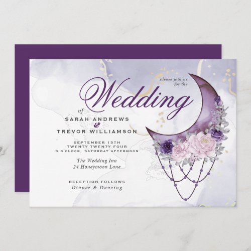 Boho All in One Wedding Amethyst Crescent Moon  Invitation